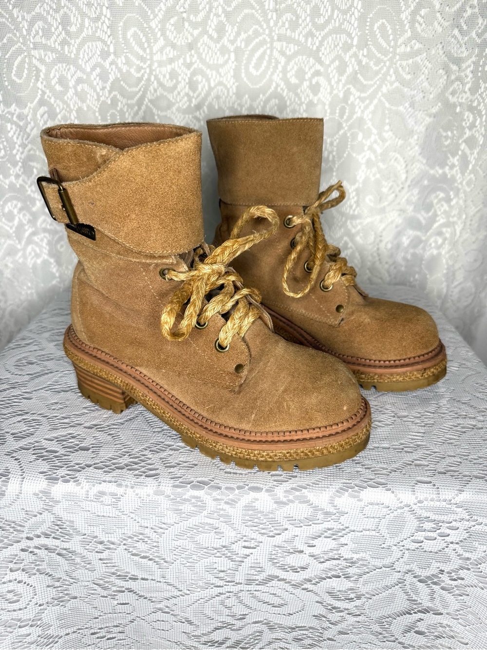 Women’s Tan Suede Lace-Up Ankle Boots with Unique String Laces